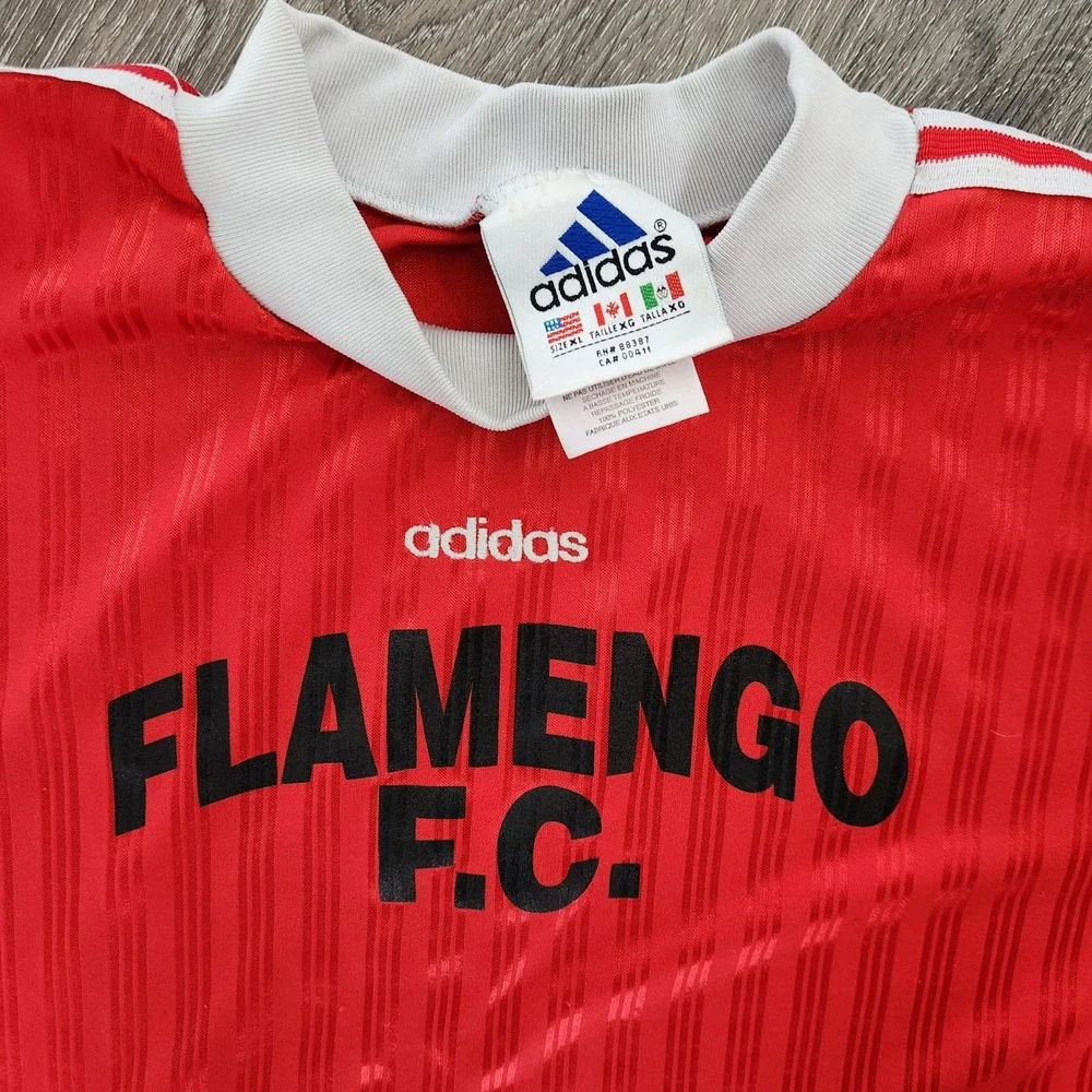 Vintage Adidas Flamengo FC Soccer Jersey Red White Stripe Mens XL Made in USA